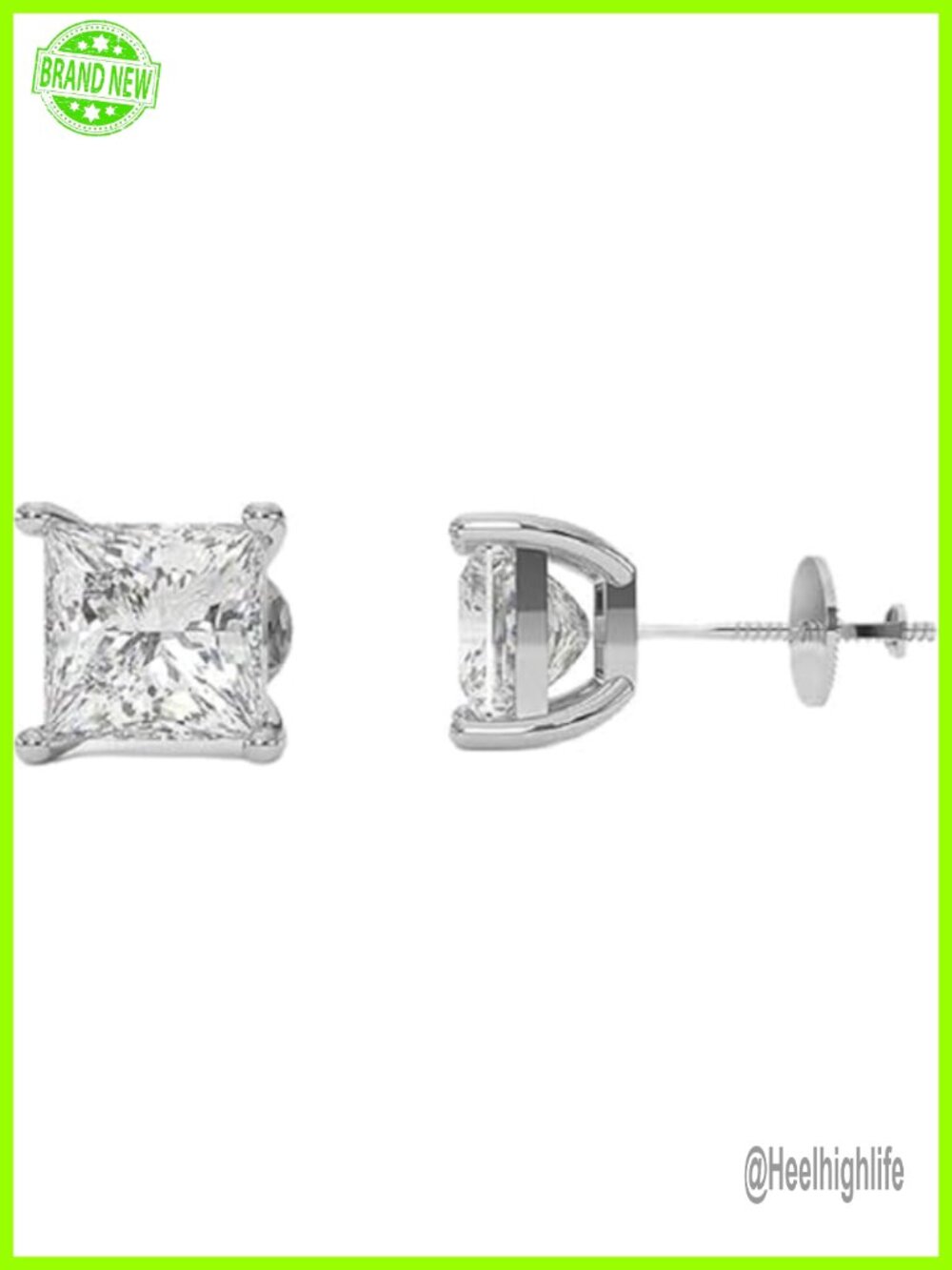 1 Ct Princess Cut Lab Grown Diamond Stud Earring 14k White Gold Screw Back